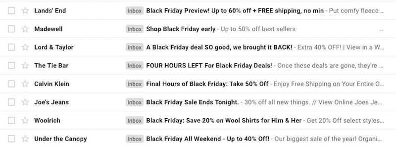 Examples of effective Black Friday subject lines.